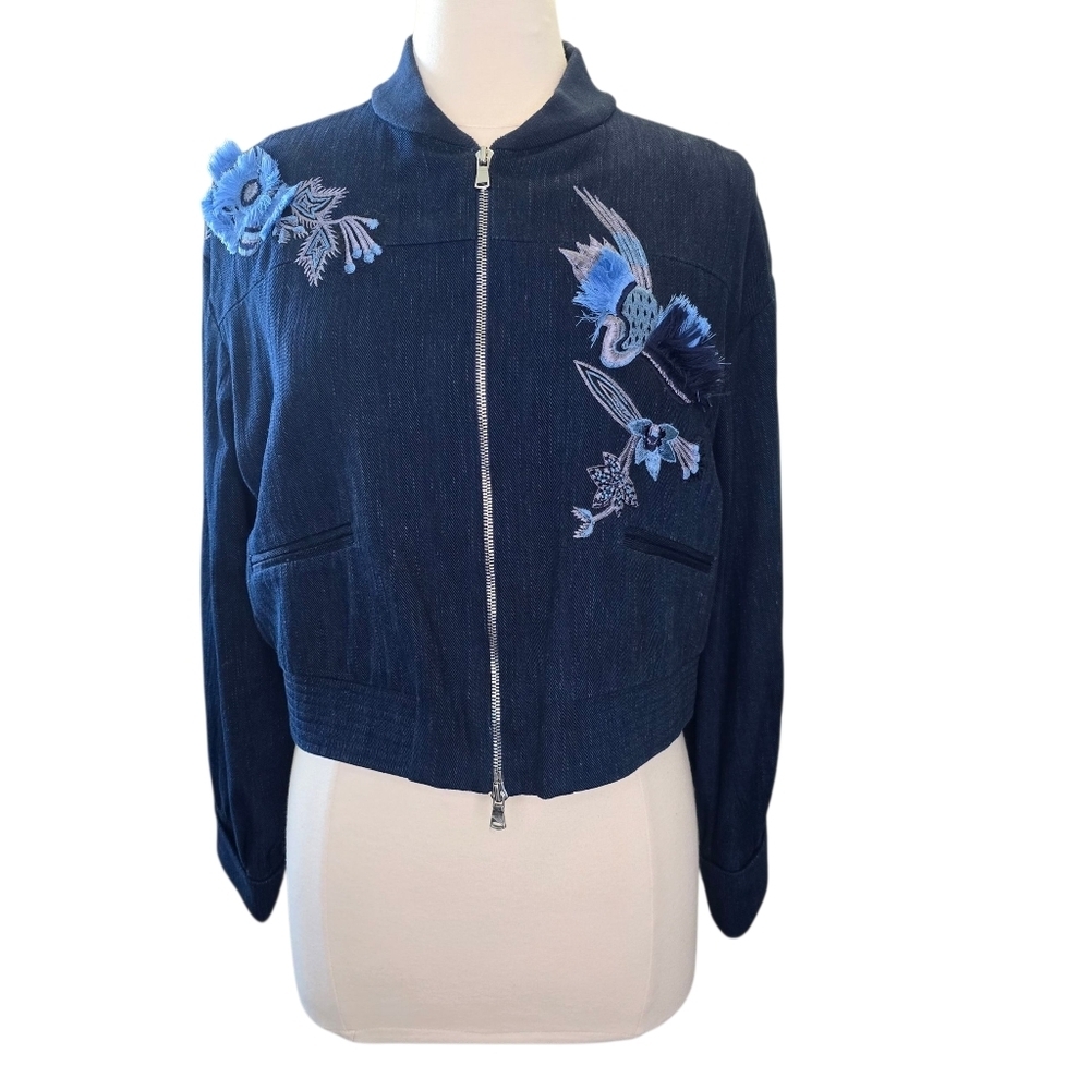 Josie Natori Denim Bomber Jacket E19411 Embroidery Indigo Size 12